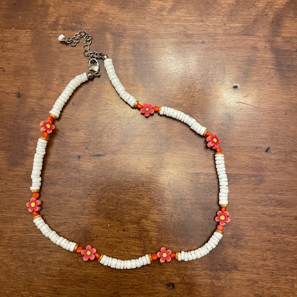 White and white red flower beaded necklace